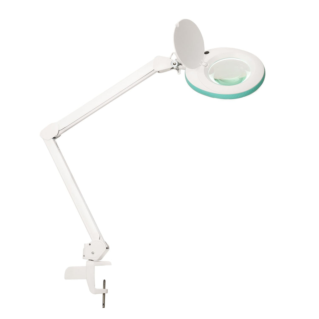 Lumeno 721X Lupenleuchte mit geöffneter Linsenabdeckung und Tischklemme