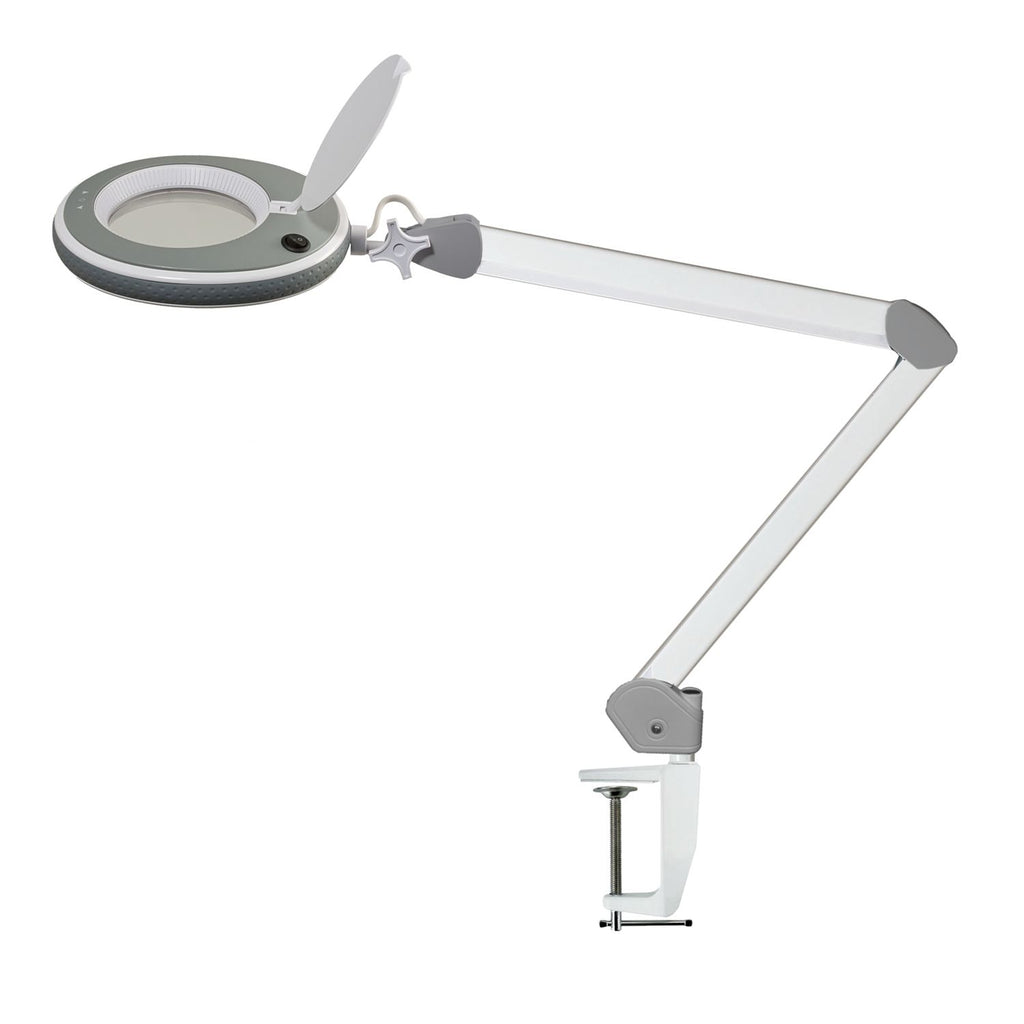 Lumeno 821X LED Lupenleuchte Grau mit Tischklemme, seitliche Ansicht