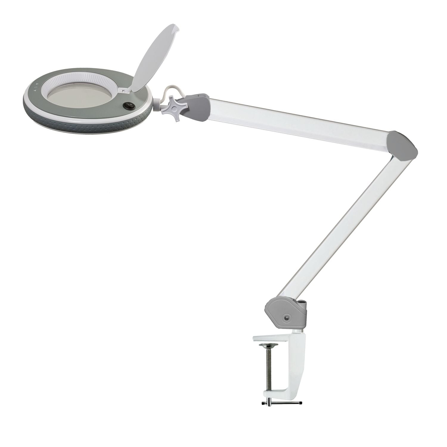 Lumeno 821X Lupenleuchte Grau mit geöffneter Linsenabdeckung am Gelenkarm