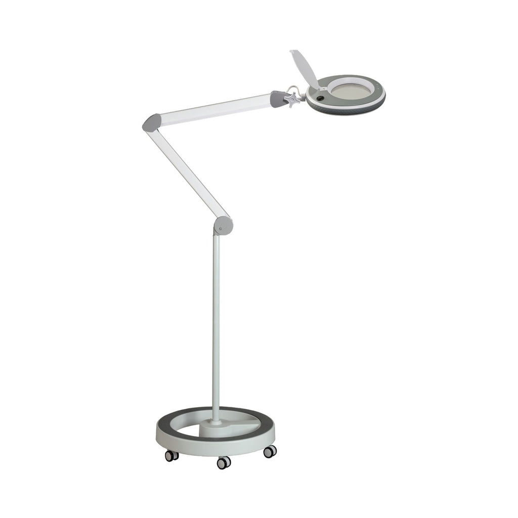 Lumeno 821X Lupenleuchte Grau auf Rollstativ mit fünf Laufrollen
