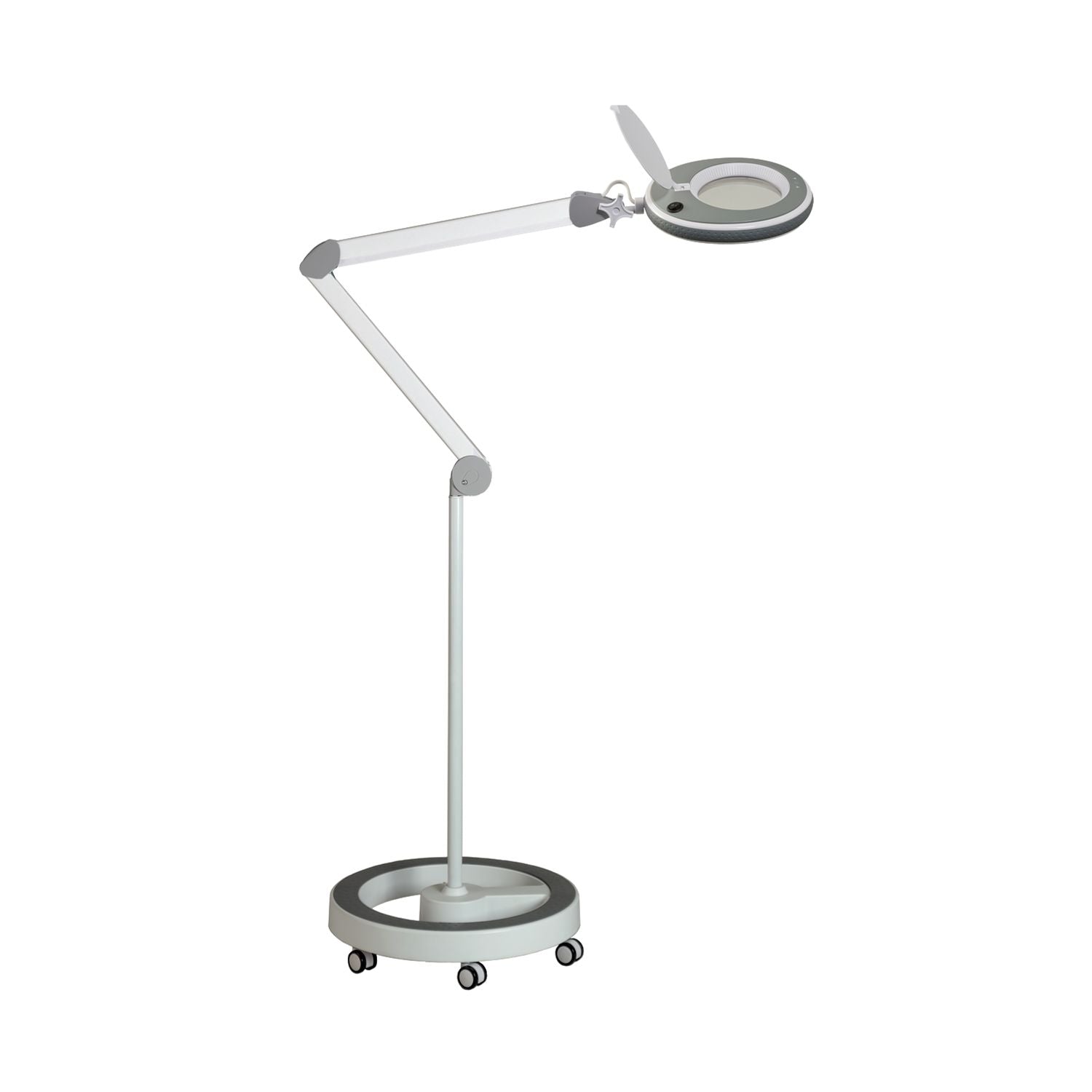 Lumeno 821X Lupenleuchte Grau auf Rollstativ mit fünf Laufrollen