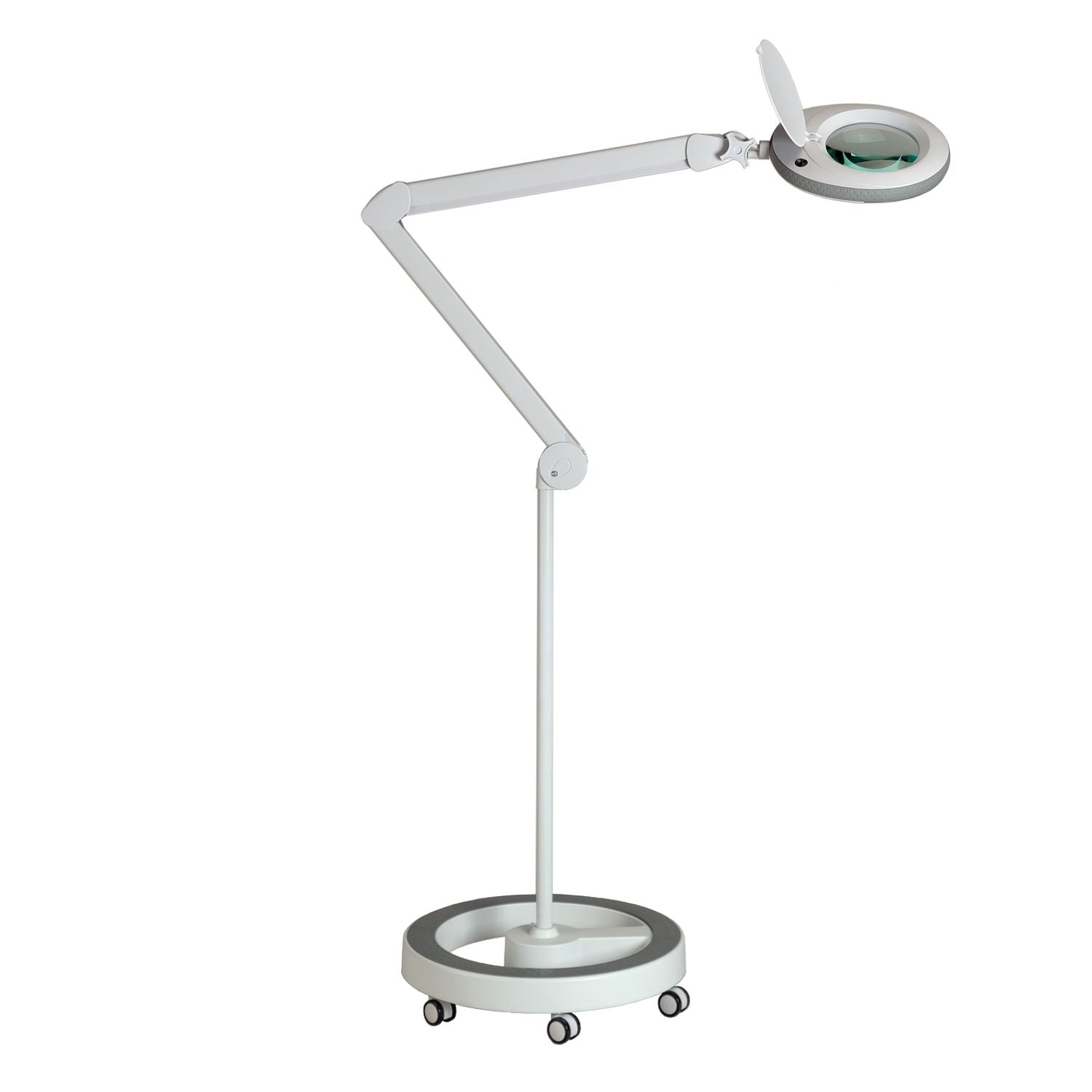 Lumeno Lupenleuchte in Grau im Set mit Rollstativ, seitliche Ansicht