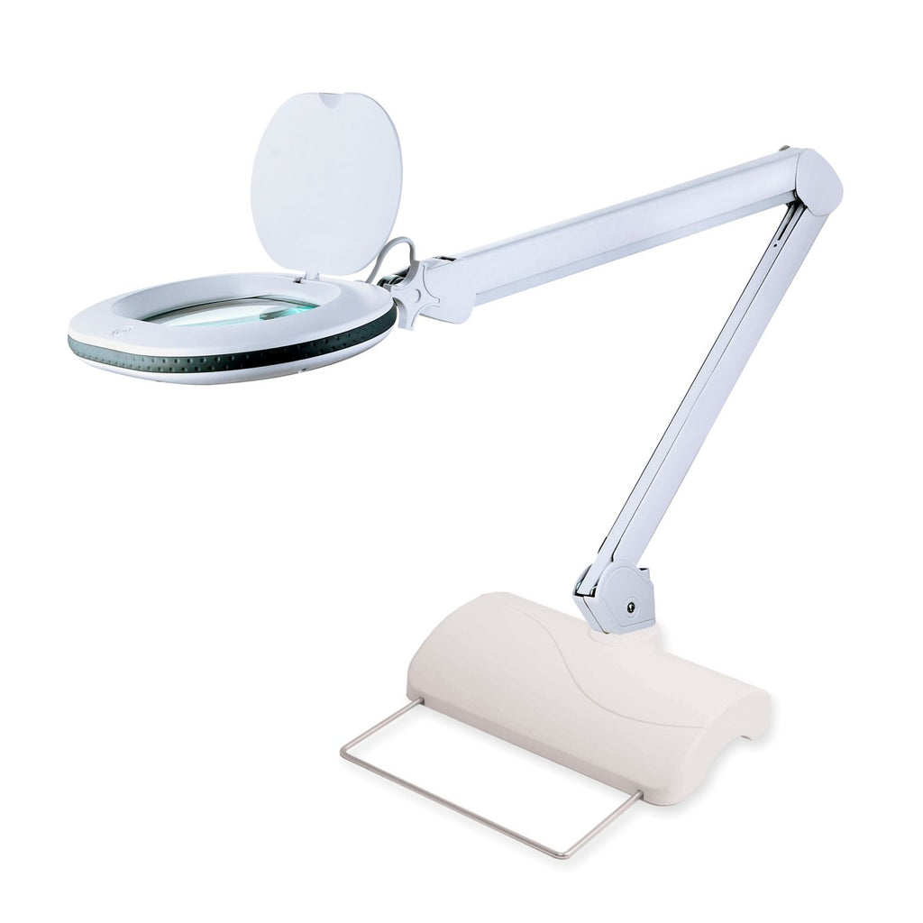 Lumeno 861X Lupenleuchte mit ovaler Linse auf weißem Tischfuß