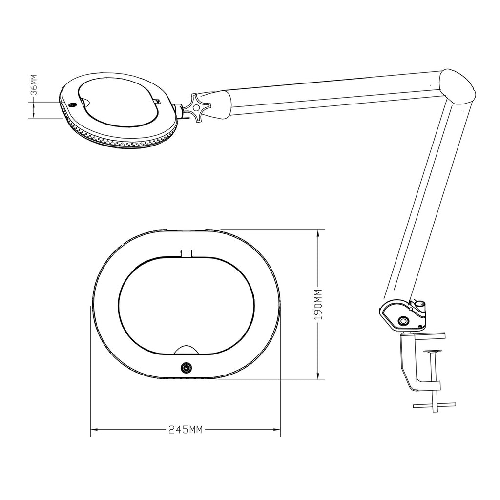Maßzeichnung Lumeno 861X: ovale Linse 245 x 190 mm mit Tischklemme
